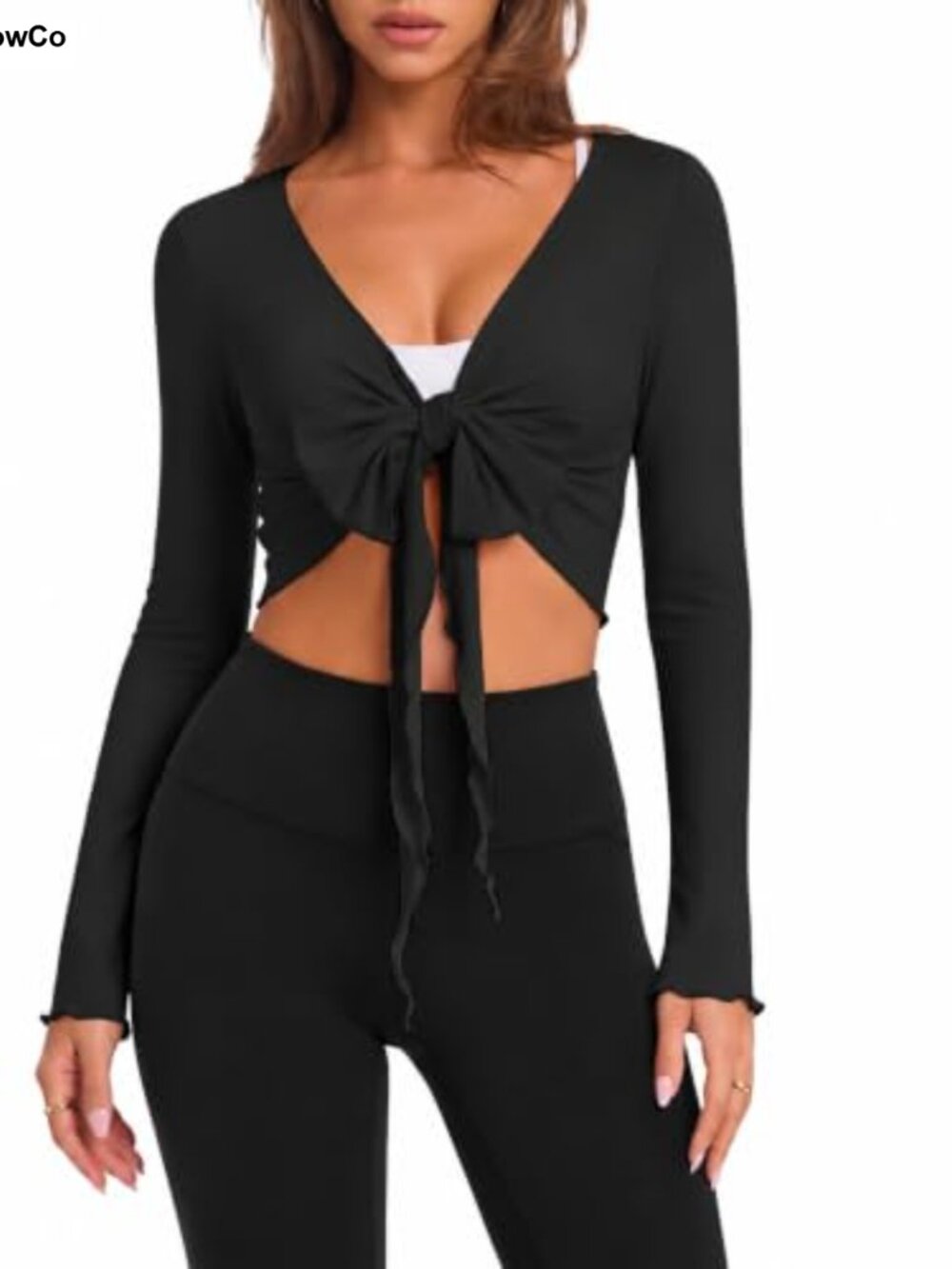 Self Tie Yoga Wrap Top Plunge Neck Shrug Long Sleeve Cropped Pilates Blouse